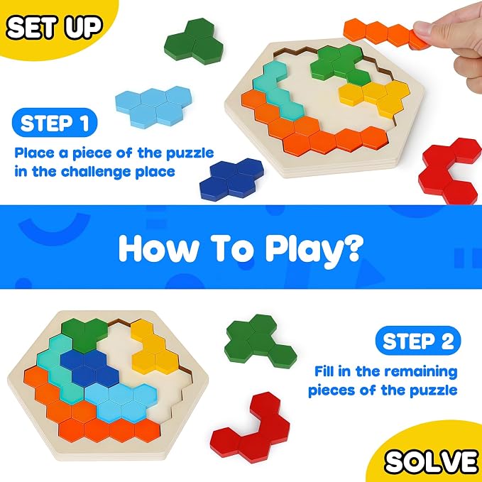 4 Pack Wooden Hexagon Puzzle, STEM Logic IQ Travel Game for Kids Adults | Montessori Educational Toy, Geometric Shape Blocks, Logic IQ Game, Ideal Gift for Kids Teens Adults
