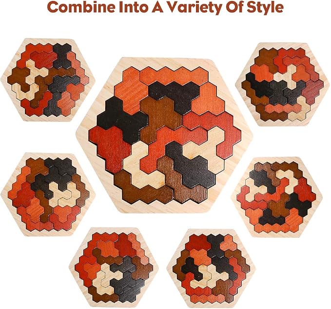 Wooden Hexagon Montessori Tangram Puzzle, STEM Brain Teaser for All Ages | Colorful Geometric Shapes, Montessori Learning Toy, Logic IQ Game, Educational Gift for Kids Teens Adults