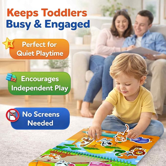 Jelly Sticker Books for Toddlers 3-5 - 40+ Reusable Stickers Busy Book | 10 Animal Topics - Waterproof Washable Toddler Activity Book - Learning Toys for Shapes, Colors, Matching, Animals