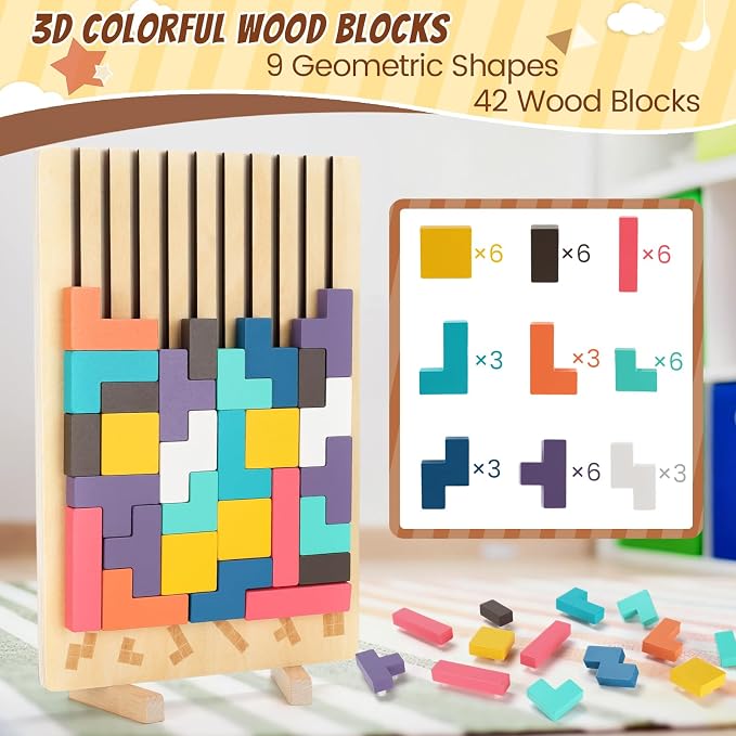 Wooden Stacking Puzzle Toy, 3D Colorful Wood Russian Blocks Puzzle Games Brain Teasers Montessori Toys for Toddler Kids 3 4 5 6 7 Years Old Boys Girls (Colorful A)