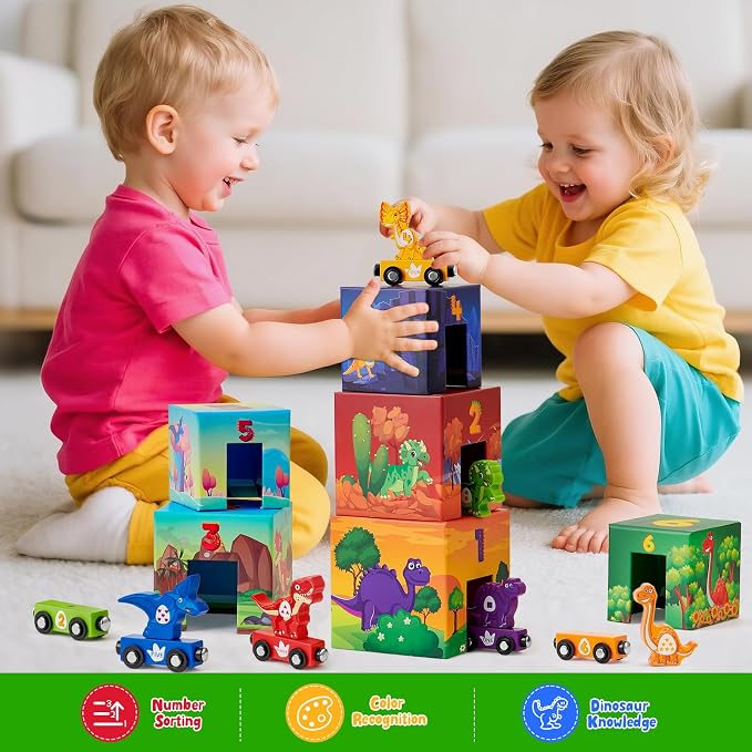 Atoylink Toddler Dinosaur Sorting and Stacking Toys with Magnetic Wooden Dinosaur Train Set, Baby Number Blocks Nesting Boxes Preschool Learning Montessori Toys for 3 Year Old Boys Girls Gift