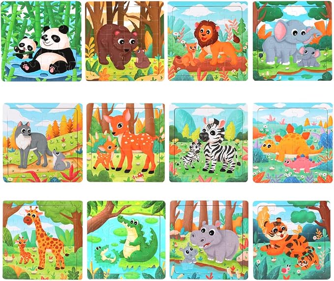GRINNNIE Jigsaw Puzzle for Toddlers 3 4 5 Years Old, Montessori 12 PCS Wooedn Forest Animal Puzzles, Portable Size Puzzle Preschool Learning Toys for Travel or Car, Birthday Gift for Boys and Girls