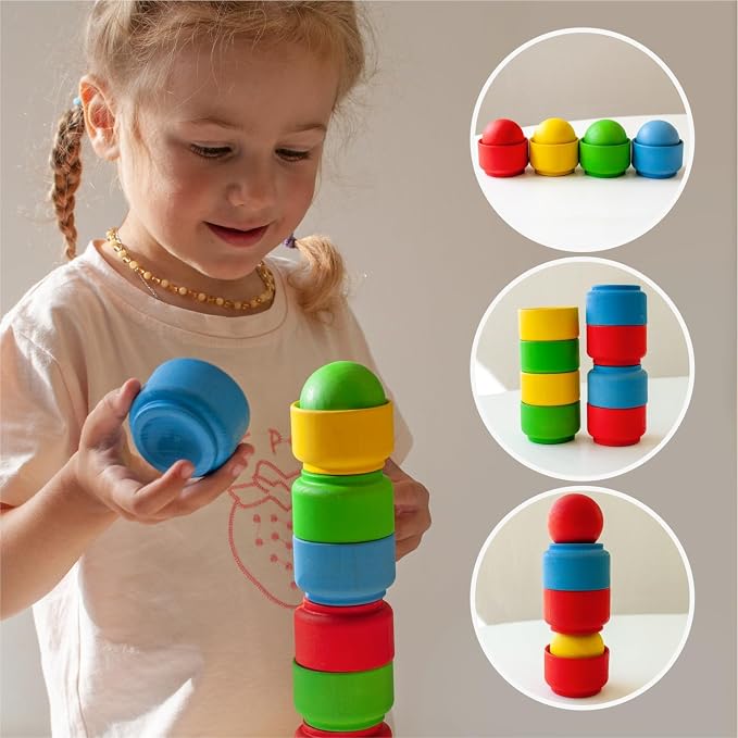 Ulanik Balls in Nests Starter Kit Montessori Toys for 1 Year Old | Open-ended wooden nesting set; 4 primary colors; tray and bag for easy storage