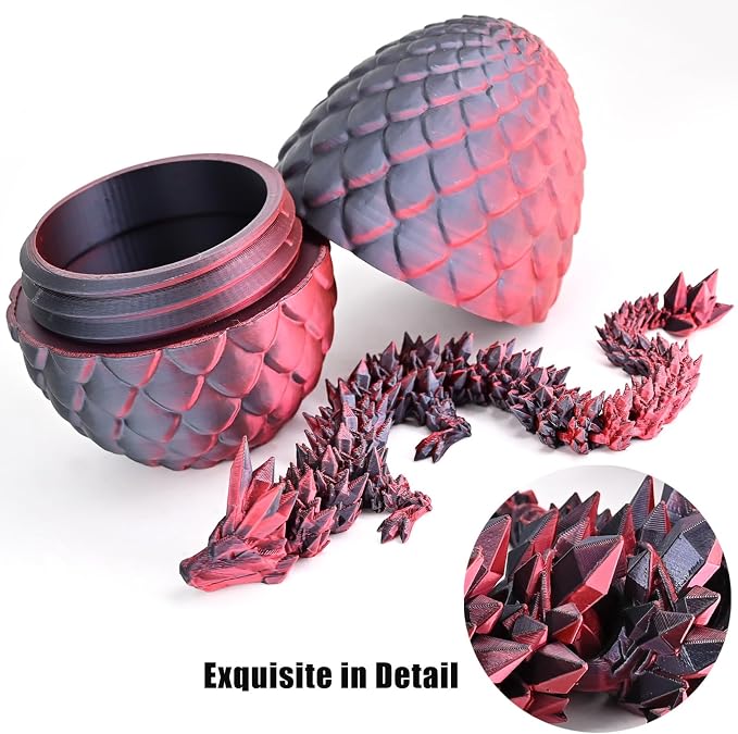 12" 3D Printed Dragon Eggs with Dragon, Articulated 3D Fidget Toys for Kids | Crystal 3D Dragon Toys for Boys Girls, Small 3d Printed Animals, Dino Dinosaur Eggs Toys, Easter Basket Stuffers（Black Red）