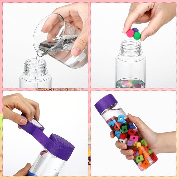 FoldTier 12 Set Letter Number Sensory Bottles, Plastic Clear Calming Kit | 13.5 oz Bottle, Pom-pom Balls, Alphabet and Number Decor, Clay, Rainbow Tape, Calm Down Jar Filler for Back to School