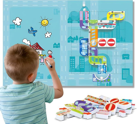 Marble Run for Kids, Vertical Magnetic Marble Maze Track with Doodle Board & Residue-Free Nano-Adhesive, STEM Explorers Brain Teaser Toy for Boys Girls Ages 3-12, Creative Thinking Games Gifts | Explorers Brain Teaser Toy with Doodle Board & Residue-Fr...