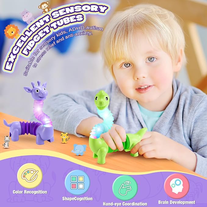 Delighkidz Animals Fidget Toys for Toddlers: 6 Pack LED Animal Pop Tubes for Kids 3 4 5 6 7 8 Year Old Girls Boys Toddler Birthday Gifts Autism Sensory Toy for Grandkids Age 3-8 Tube