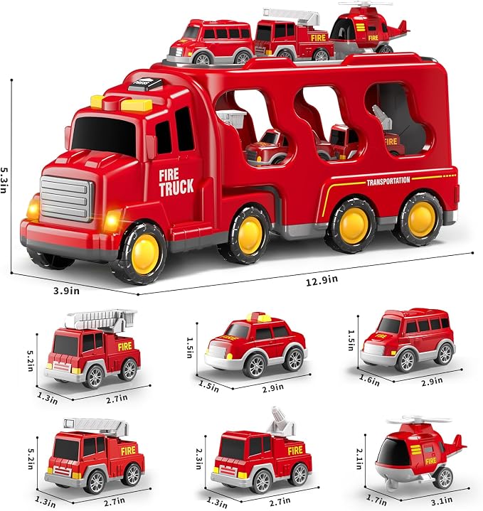 Beby Buty 7 in 1 Fire Trucks Cars Toys for Toddlers 3-5, Boy Toddler Car Truck Toys with Light Sound, Birthday Gifts Toys for 3 4 5 6 Year Old Boy