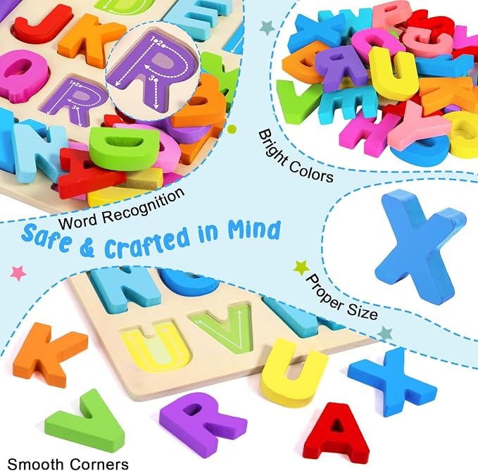 Attmu Wooden Puzzles for Toddlers, 2 Pcs Alphabet ABC Shape Number Puzzle | Learning Toys for Kids Preschool Educational Activities Toddler Gift Toys for Girls Boys Christmas Valentines Easter