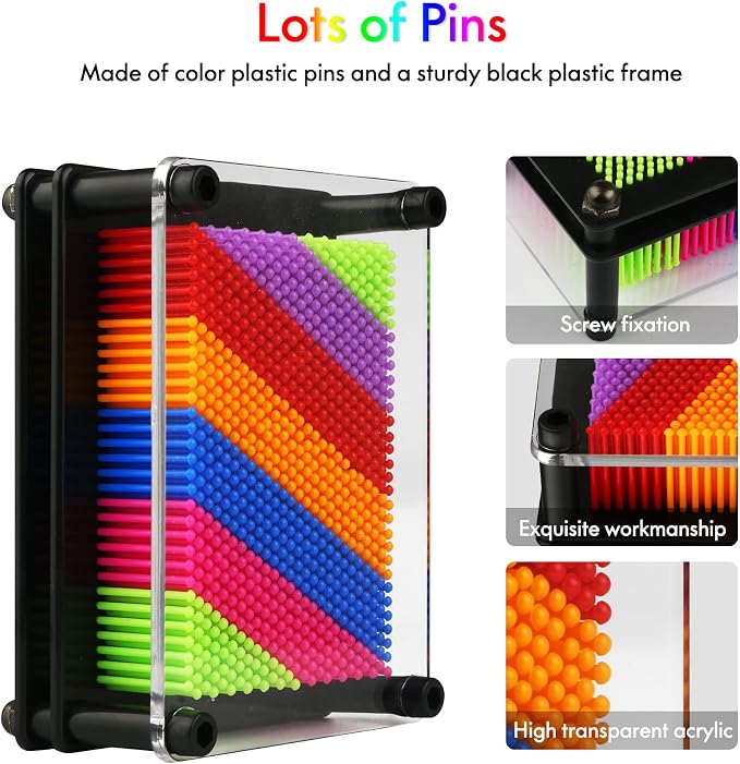 3D Pin Art Toy - Plastic Pin Board for Kids, 3D Pin Impression Sculpture Needle Toys, 3.75 X 5 inches (Rainbow)