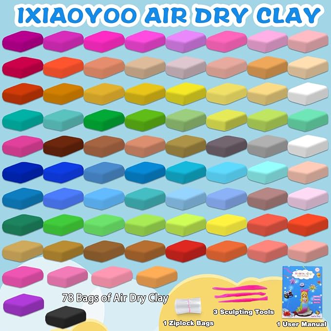 Ixiaoyoo Air Dry Clay, 78 Colors Foam Modeling Clay for School Projects | Safe & Non-Toxic, Soft, Non-Sticky, DIY Model Crafts Kids Toys for Home Party Favors, Birthday Gifts for Aged 3–12 Boys Girls