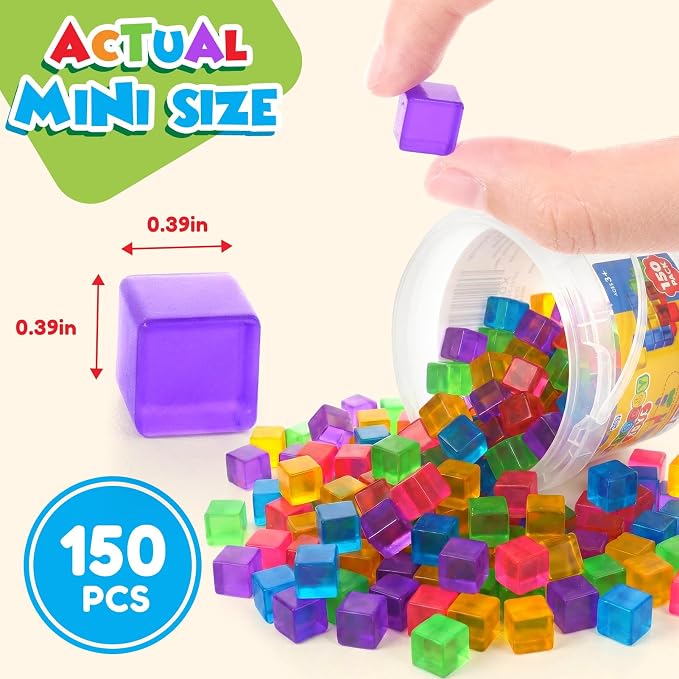 LESONG Mini Sticky Stacking Cubes for Kids: 150 PCS Washable Sensory Building Toy, Soft Squishy 0.39 inch Cubes with Storage Box, Balanced Stickiness for 2D & 3D Building, Translucent Travel Toy