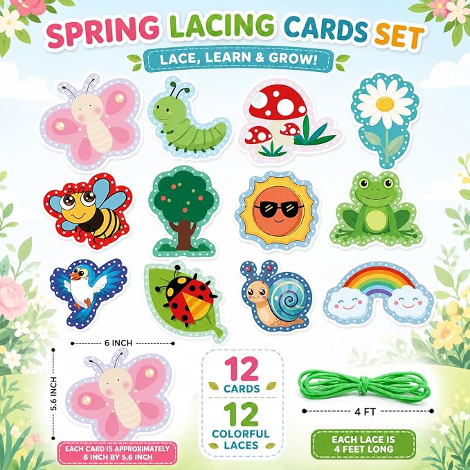 Lacing Cards for Toddlers Fine Motor Skills Montessori Travel Activities | Summer Theme Double-Sided Sewing Cards with Colorful Laces Classroom Supplies Quiet Time Educational Games for Kids ﻿