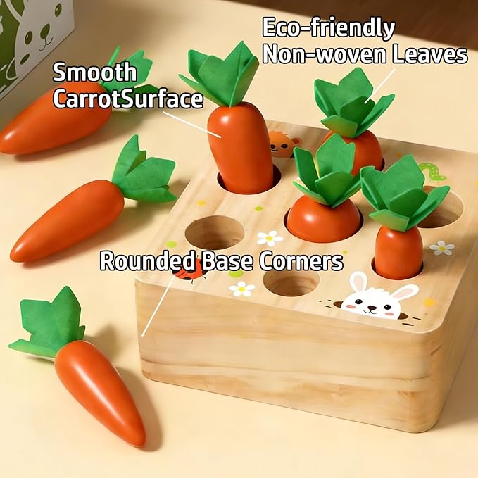 Wooden Carrot Harvest Montessori Toy for Toddlers 1-3, Shape Sorter Sensory Learning Toy for 1 2 3 Year Old, Fine Motor Skills Size Matching Educational Toy for Boys Girls, Birthday Gift