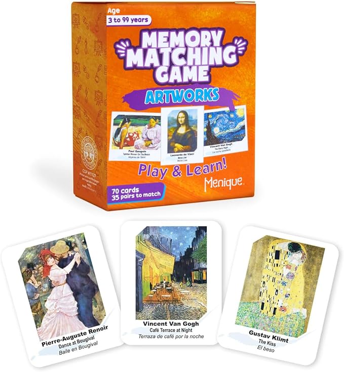 Menique Memory Matching Game – Famous Paintings for Adults & Kids – 70 Cards (35 Pairs) – Bilingual Art Game – Educational & Concentration Activity