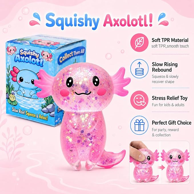 Axolotl Squishy Stress Ball, Soft TPR Slow Rising Squeeze Toy, Cute Axolotl Fidget Toy for Stress Relief, Anxiety Calming Sensory Toy for Kids Adults(Pink Long Tail Axolotl)