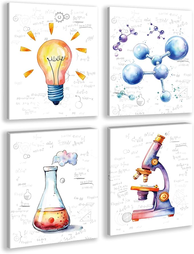 Chemistry Wall Art Colorful and Fun Science Exploration Decor 10X8 Inch | Lab,Kids Playroom,Bedroom,Classroom,Bulletin Board Decoration,Set of 4