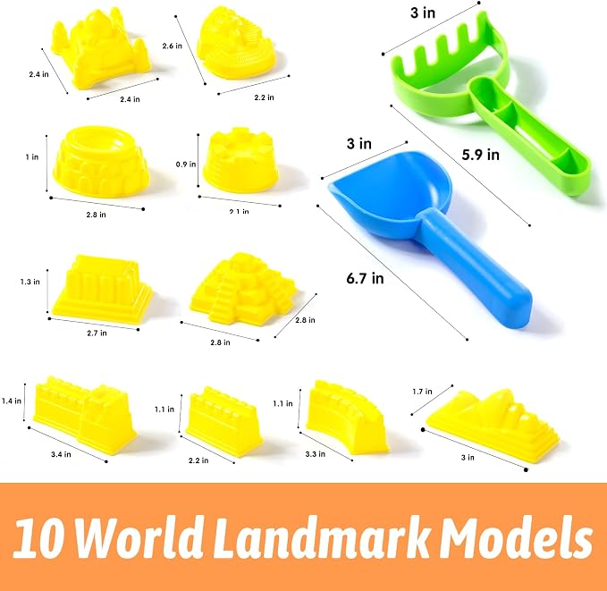 Construction Sensory Bin,Kinetic Sensory Sand Molds Kit | 10 Sand Castle Molds & 2.2 lb Sensory Sand - Sand Box for Toddlers Ages 3+, Educational & Creative
