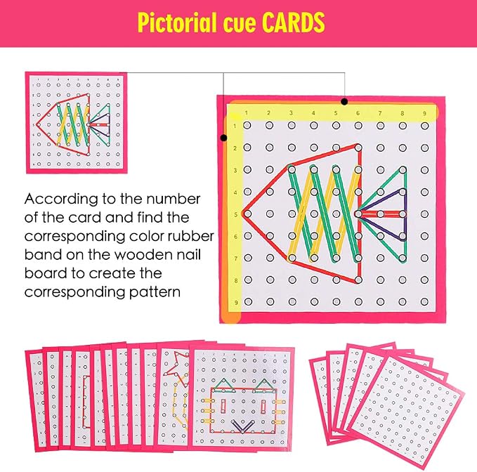 Wooden Geoboards - Montessori STEM Toy with Pattern Cards for Kids Ages 3+ | Pattern Cards & Rubber Bands, Geometric Shape Learning, Classroom STEM Tool, Brain Teaser Gift