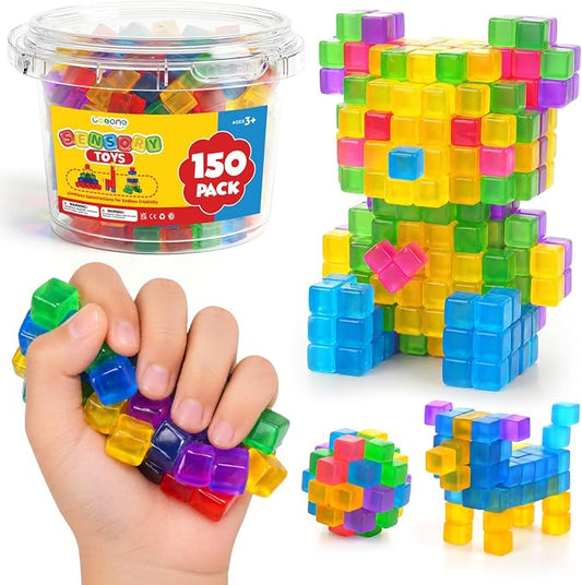 LESONG Mini Sticky Stacking Cubes for Kids: 150 PCS Washable Sensory Building Toy, Soft Squishy 0.39 inch Cubes with Storage Box, Balanced Stickiness for 2D & 3D Building, Translucent Travel Toy