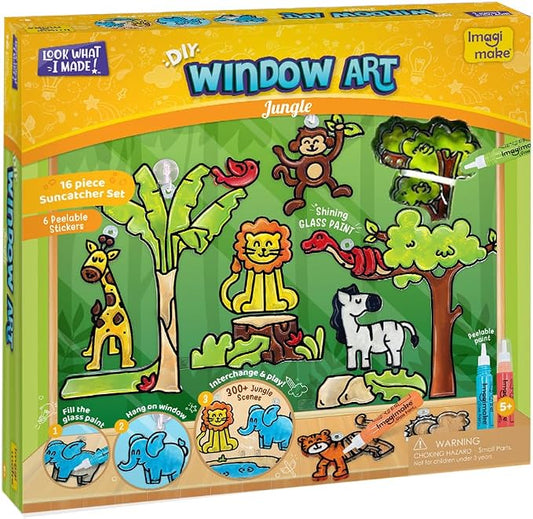 Imagimake Window Art - Jungle, DIY Mess-Free 16 Pieces Suncatcher Kit | Stained Glass Painting Craft Activity for Kids, Birthday Gift for Boys & Girls Ages 5,6,7,8,9,10,12 Years Old