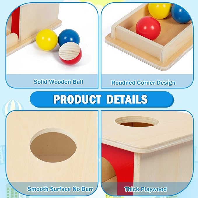 Adena Montessori Wooden Toy for 6-12 Month Baby 3 Balls,Object Permanence Box with red Door Colorful Learning Education Toy for Toddler Kid 1-2 Year Old, Preschool Girl and Boy Gift Full Size Typical