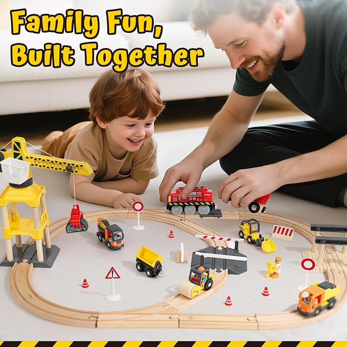 Lehoo Castle Wooden Train Set, Construction Toys for 3 Year Old Boys | Wooden Train Track Set for Kids w/Crane, Toy Train Railway Playset for Toddler Boy Birthday Gift