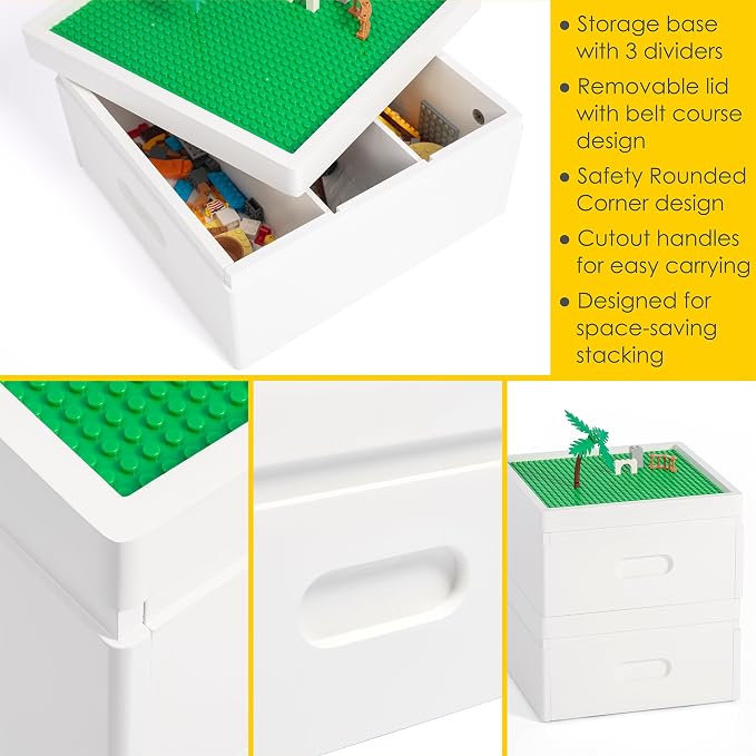 UTEX Buildable Cubby Storage with Baseplate Lid Compatible with Lego | Wooden Building Blocks Organizer, 3 Removable Sorting Compartments, Compact & Portable, Bricks Storage Box, White