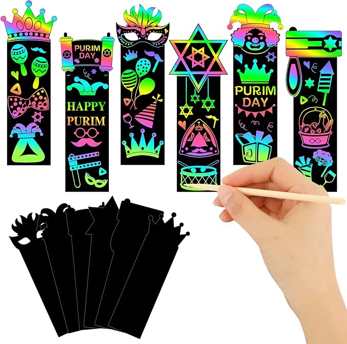 JUNEBRUSHS 30Pcs Purim Scratch Bookmarks for Students Classroom Activity | Six Purim Festival Patterns,Magical Rainbow Scratch Effect,Thick Durable Tear-Resistant Paper,Multi Festive DIY Ornaments