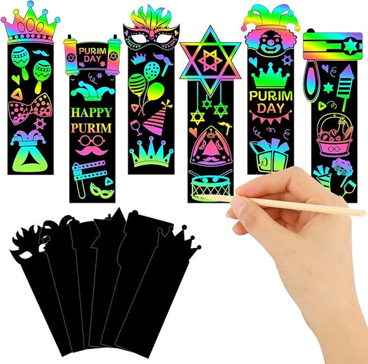JUNEBRUSHS 30Pcs Purim Scratch Bookmarks for Students Classroom Activity | Six Purim Festival Patterns,Magical Rainbow Scratch Effect,Thick Durable Tear-Resistant Paper,Multi Festive DIY Ornaments