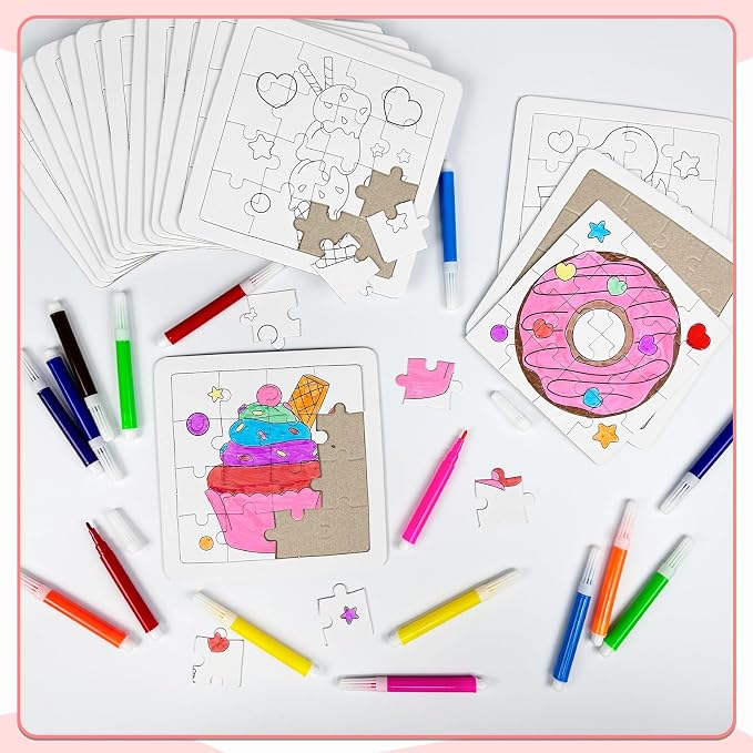 Cinrobiye 24 Pcs Ice Cream Coloring Puzzle Craft Kit for Kids, DIY Candy Donut Jigsaw Puzzles Bulk with 12 Designs, Sweet Treat Arts and Crafts for Birthday Party Favors, Classroom Rewards