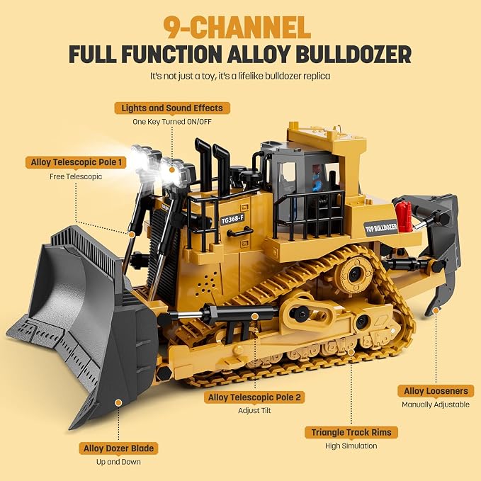 KIDMARKT Metal RC Bulldozer Toy for Kids | 9-Channel Remote Control Track-Type Tractor with Lights & Sounds, Realistic Construction Vehicle Toy for Boys Ages 3-12, Rechargeable Gift for Birthday 2026