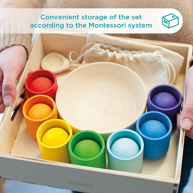 Ulanik Balls in Cups Rainbow Montessori Toys for 1 Year Old | Open-ended wooden sorting set; 7 clear colors; tray and bag for easy storage