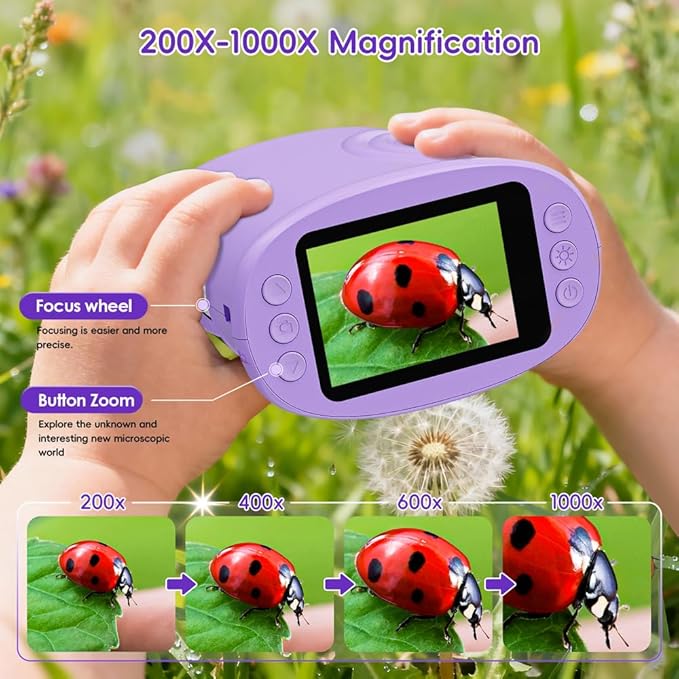Temodu Kids Microscope 2.0" Screen 1000X Digital Microscope for Kids, Mini Pocket Handheld Microscopes for Children Birthday Festival Gift, Science Education Fun Toys for Boys Girls Ages 4-12 (Purple)