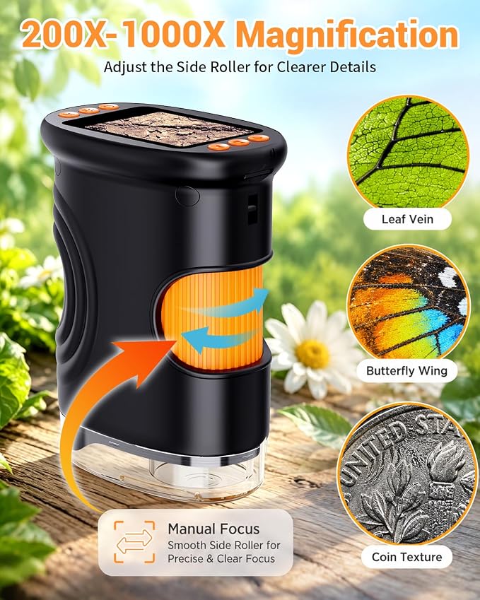 Kids Magnifying Glass 2-inch Digital Handheld Microscope for Kids | Cool Gadgets Stuff, Toys Portable STEM Science Lab Gifts, Magnifier for Coin Collection Supplies, Black