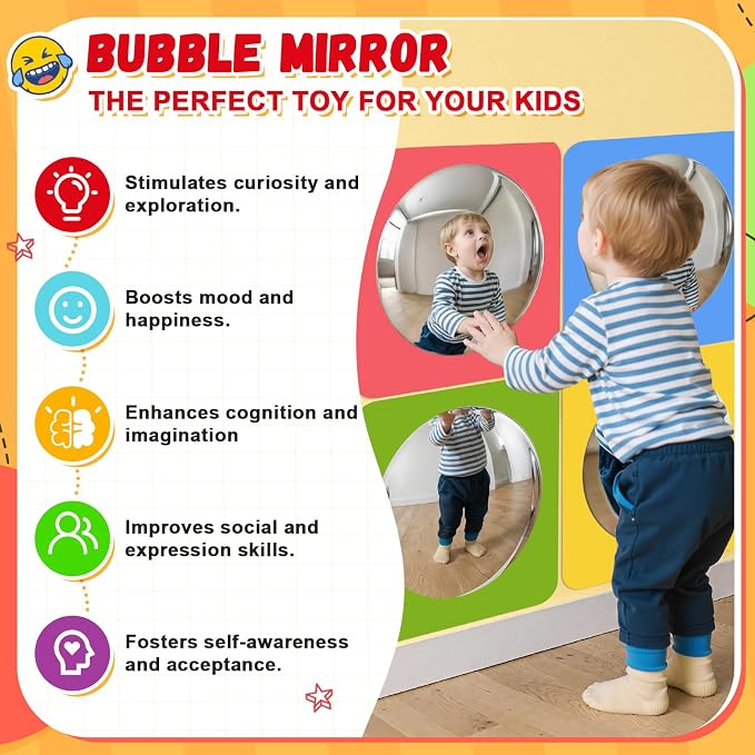 Geiserailie 4 Pcs Sensory Wall Bubble Mirrors, 6 x 6 Inch, CPC Certified | Colorful Acrylic Convex Mirrors, Sensory Room Must Haves, Classroom Learning Tool, Calming Corner, Preschool Activity