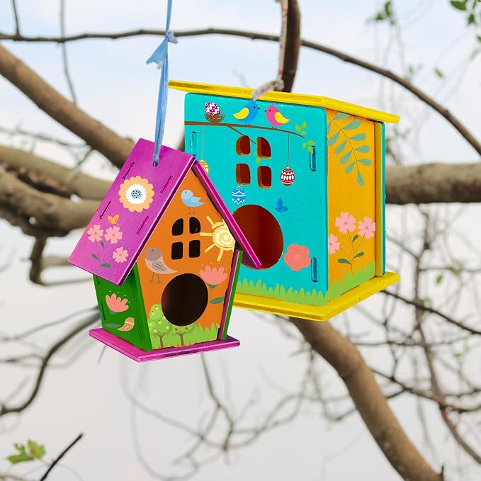 Sawysine 107 DIY Birdhouse Kits, Wooden Bird House Round Entrance | 48 Wooden Bird House Kits in 6 Shapes and 57 Butterfly Sticker for Children Fall Craft Activity Art DIY Project