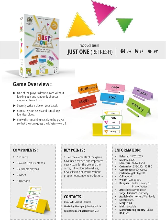 Asmodee Just One Party Game (2025 Refresh) - Cooperative Mystery Word Guessing Fun for Family & Friends, Kids & Adults, Ages 8+, 3-7 Players, 15 Minute Playtime | Cooperative Mystery Word Guessing Fun for Family & Friends, Kids & Adults, Ages 8+, 3-7 P...