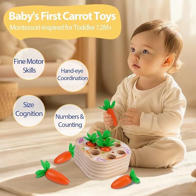KMTJT Montessori Toys for 2 3 Year Old Toddlers | Wooden Carrot Harvest Toy | Sorting & Matching Game for 2+ Years, Fine Motor Skills Development, Educational Gifts for Baby Boys & Girls (Red)