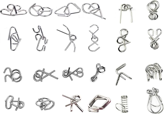 Ahyuan Metal Wire Puzzles Set 32 with Pouch Large Thick Brain Teaser Puzzles Fidget Toys IQ Test Mind Games Toys Magic Trick Toy Metal IQ Puzzle Party Favors for Kids Adults (Silver)