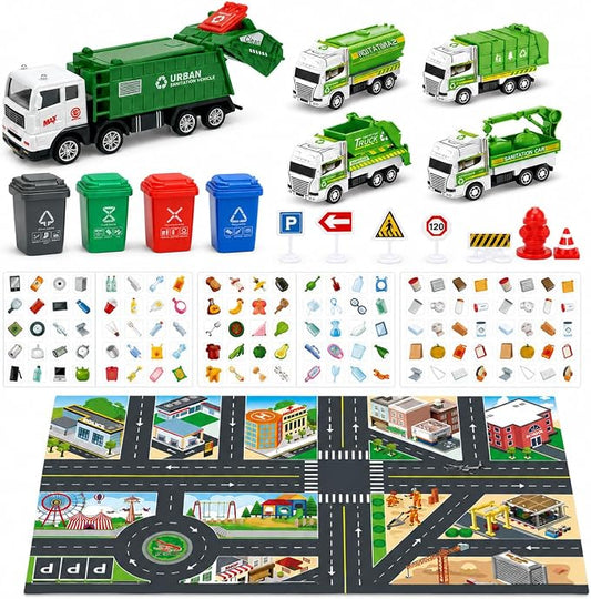 Cinrobiye Garbage Truck Recycling Activity Set with Trash Bins, Sorting Cards, City Map, Road Signs & Vehicles, Earth Day Supplies for Classroom Projects, Environmental Awareness Activities