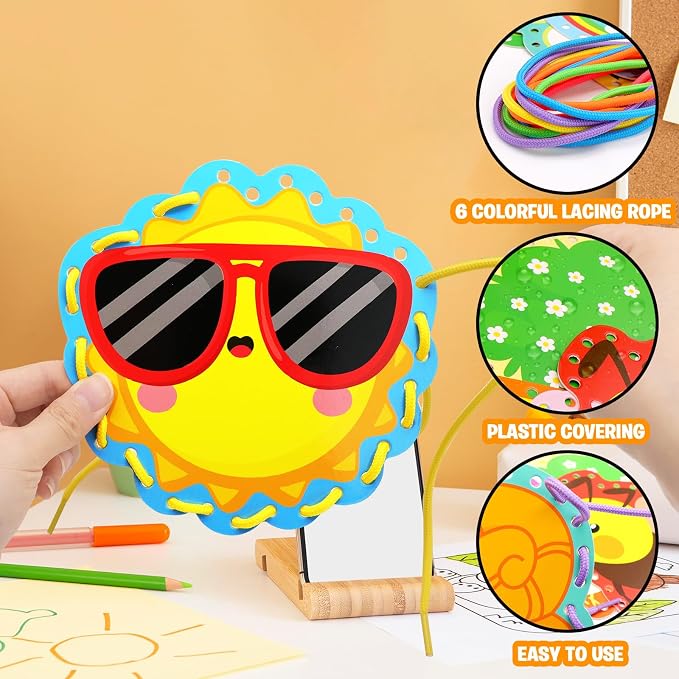 Omlisca Springtime Lacing Cards for Kids 12 Packs Double Sided Sewing Kits Flower Rainbow Butterfly Sewing Cards Educational & Learning Activities Fine Motor Skill for Preschool Supplies Spring Decor