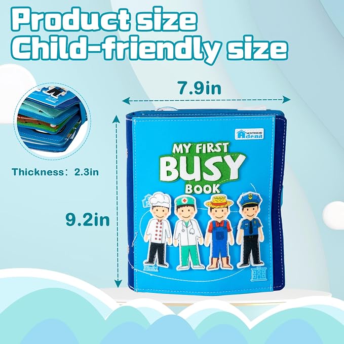 Adena Montessori Busy Board Sensory Toy, 3+ | 15+ activities: zippers, buckles, laces, shapes. Boosts fine motor & problem-solving. Travel-friendly for car/plane. Gift.