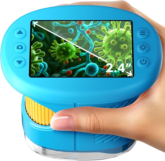 Odatay 4K 1000X Digital Microscope for Kids with 32G Card, Long Distance Viewing & 2.4" Screen Portable Handheld Edu Toys for Age 3-12 Exploring Bugs Plants at Home Classroom & Outdoor Travel, Blue