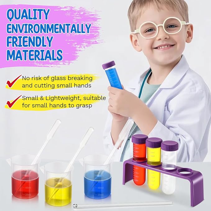 Color Science Kit, 120 Fizzing Tablets, Test Tubes and Beakers | Red, Yellow and Blue Tablets, Mix 3 Primary Colors, 4 Test Tubes, 3 Beakers, 3 Droppers, Stirring Stick
