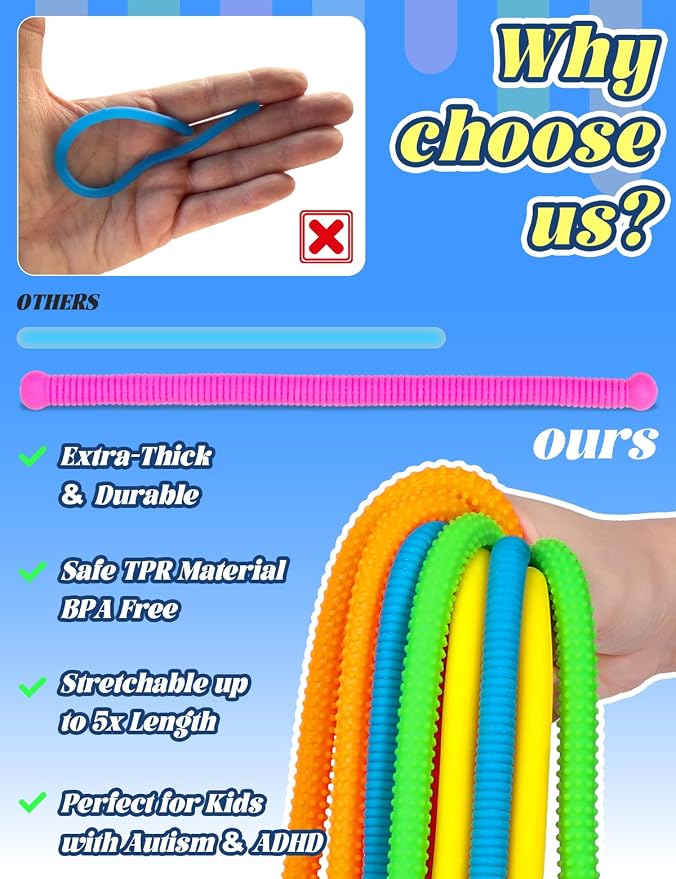 10 Pack Sensory Autism Toys for Kids – Gift Box Upgraded Extra-Thick Stretchy Sensory Strings for School Classroom Rewards Back to School Birthday Party Favors (Textured)