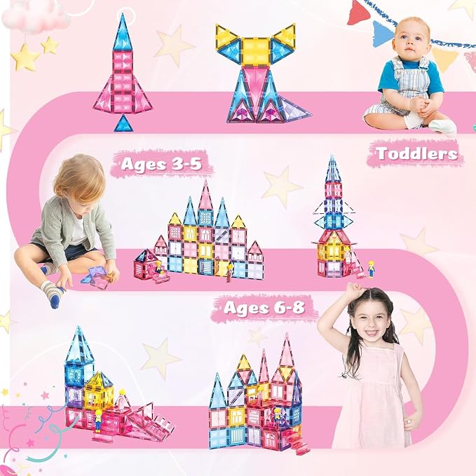 BENOKER Pink Castle Magnetic Tiles for Kids Ages 3-8, 3D STEM Toys with Sparkling Building Blocks, Creative Educational Gift for Boys and Girls, Preschool Learning Toys for Birthday | 58P sparkling pink castle magnetic tiles, creative educational gift ...