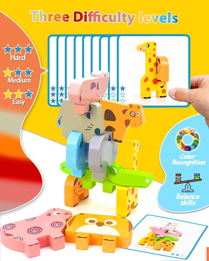 Vaiheng Toys for Toddlers 1-3, Montessori Toys for 1 2 3 4 Year Old Boys & Girls, Toy Age 2-4 0-2 Kids Baby, 1 2 3 Year Old Girls Boys Gifts, Wooden Animal Blocks Stacking Education Puzzles Toy