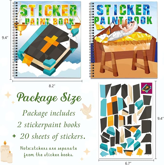Omgouue 2PCS Bible Crafts for Kids Ages 4-8 Sticker Paint Books Includes Christian Jesus Angel Adam&Eve Theme Party Create 20 Pictures Sticker Sheets are Separate