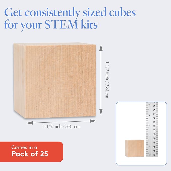 DIY Wood Cubes 1-1/2-inch, Pack of 25 Small Wooden Blocks, Wood Blocks for Crafts, STEM, Building, and Blank Wooden Dice, by Woodpeckers